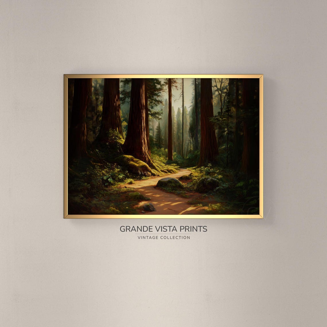 Ancient Redwood Forest Sunlit Trail Giant Trees Painting Poster
