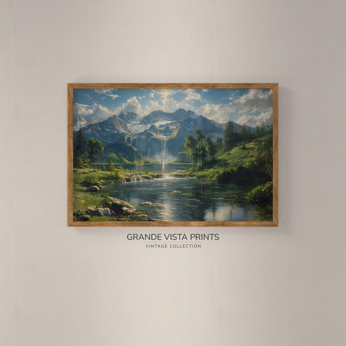 Idyllic Alpine Mountain Lake Waterfall Spring Landscape Wall Poster - Image 2