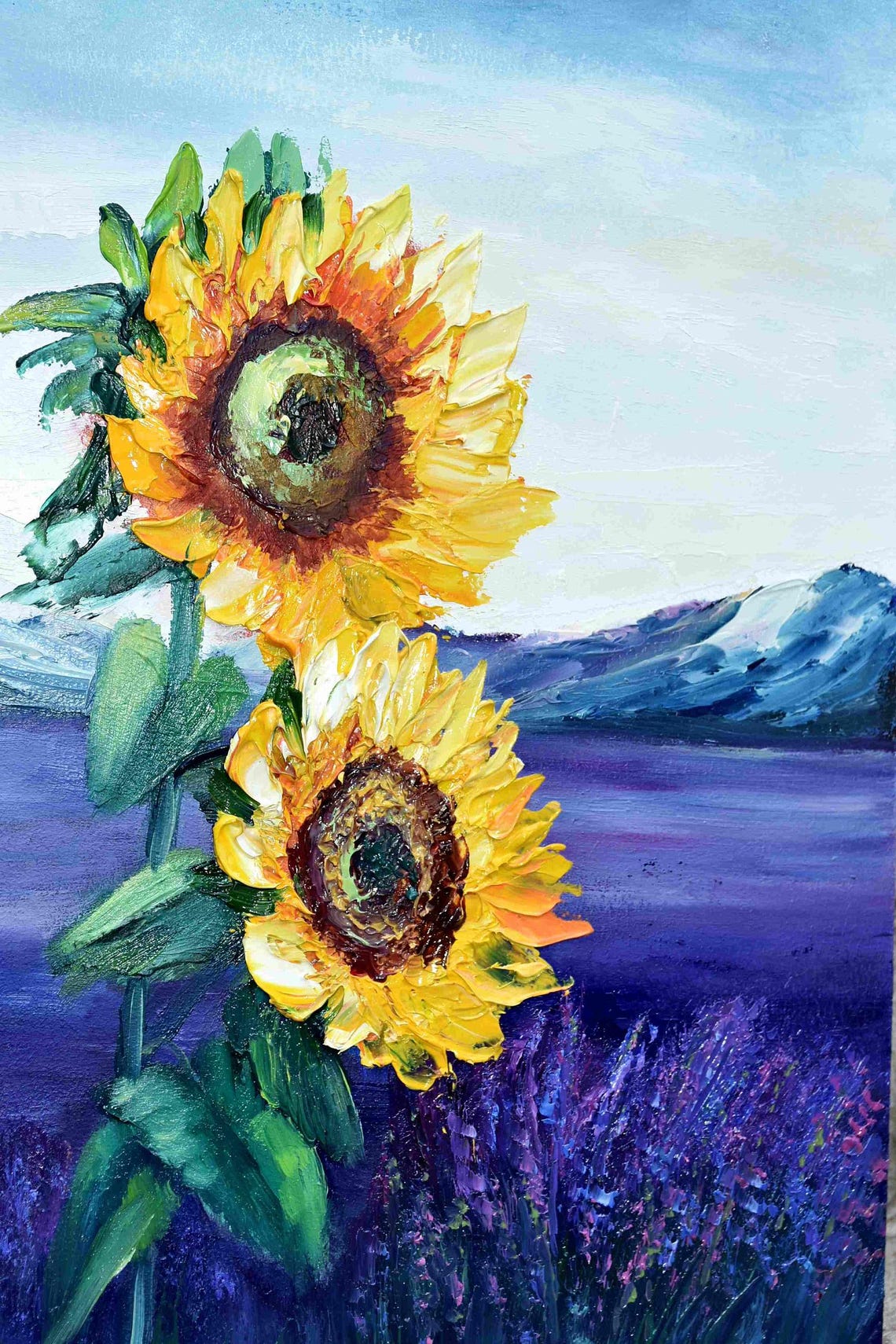 Sunflowers Over Lavender Field Mountain Meadow Summer Painting Poster - Image 2