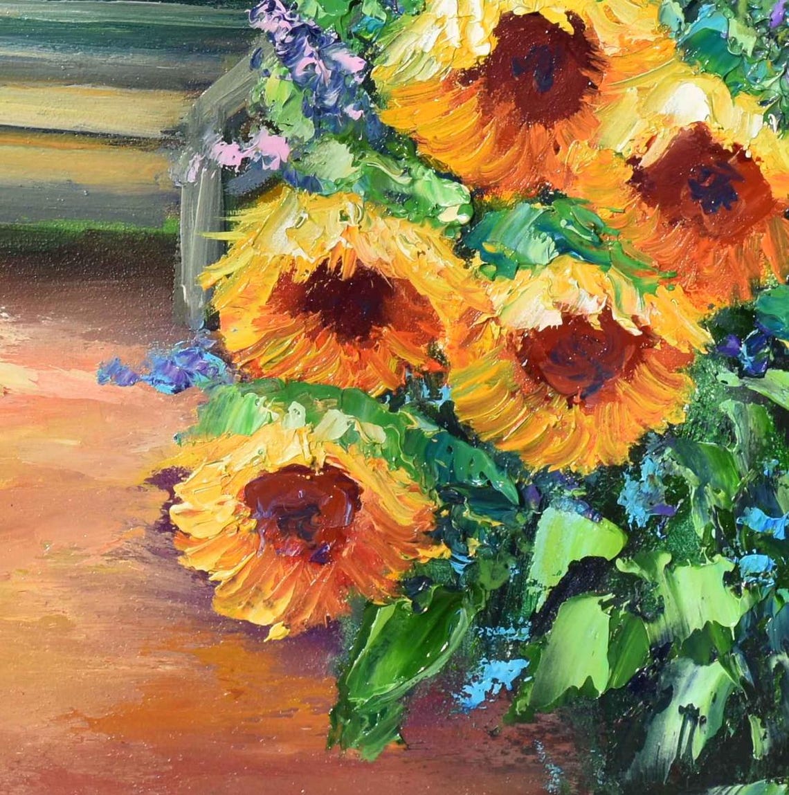 Sunflower Ladybug Garden Fence Meadow Detail Impasto Painting Poster - Image 4