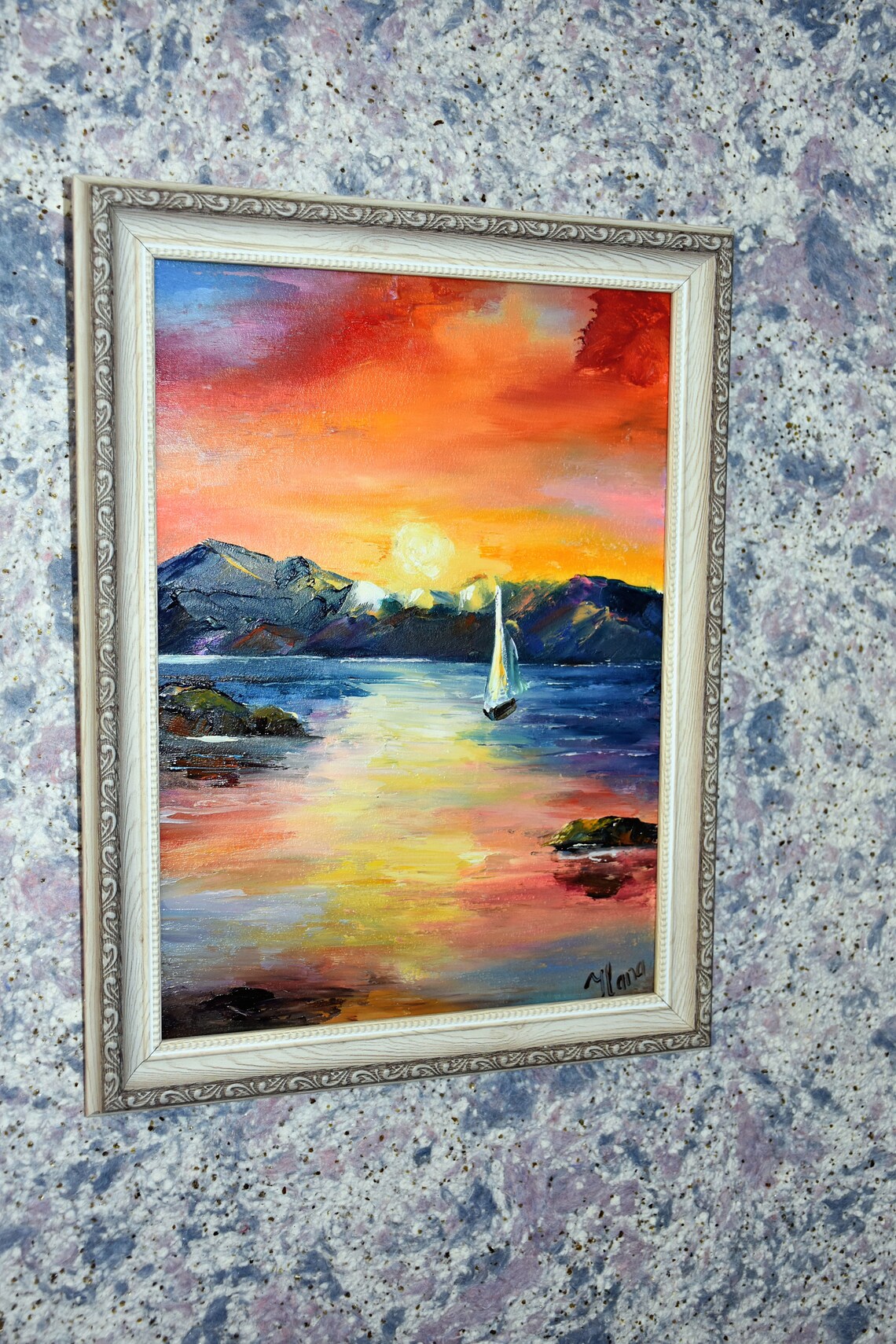Seascape Artwork Painting Sea Colorful Sunset Sailboat Painting Sailboat Artwork Mediterranean Art Tropical Painting Lagoon Beach Art Sunse - Image 3