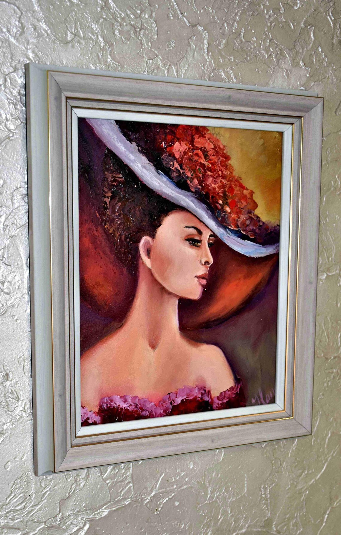 Elegant Woman in White Wide Brim Hat Red Dress Portrait Oil Painting Print - Image 4