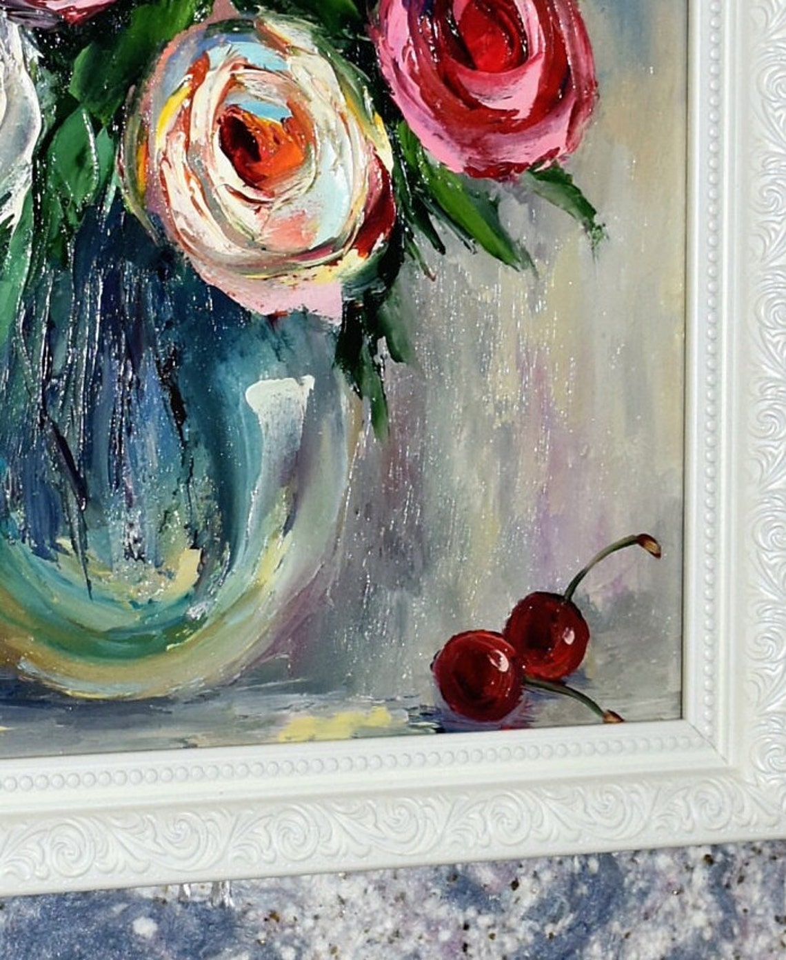 Pink Roses Painting Framed Art Flowers Still Life Cherries And Roses Art Pink Flowers Art Flower Oil Painting Bright Rose Art Oil Art Pink - Image 4