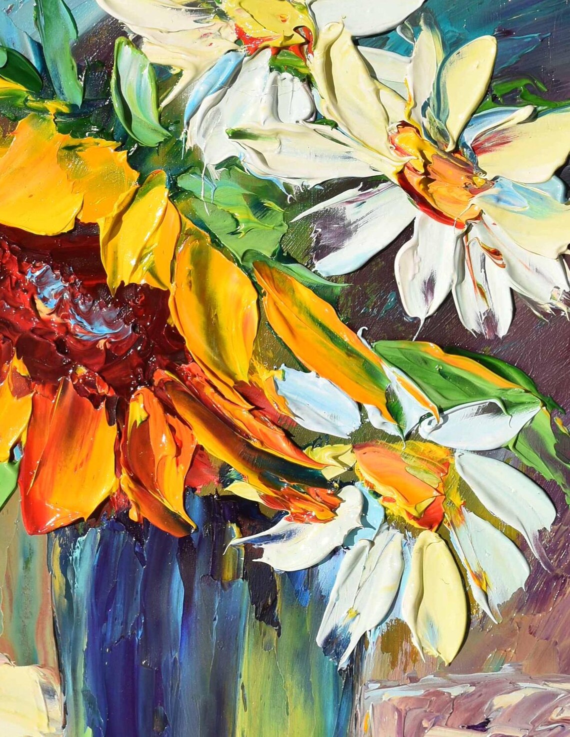 Sunflowers And White Daisies In Glass Vase Floral Art Poster - Image 3