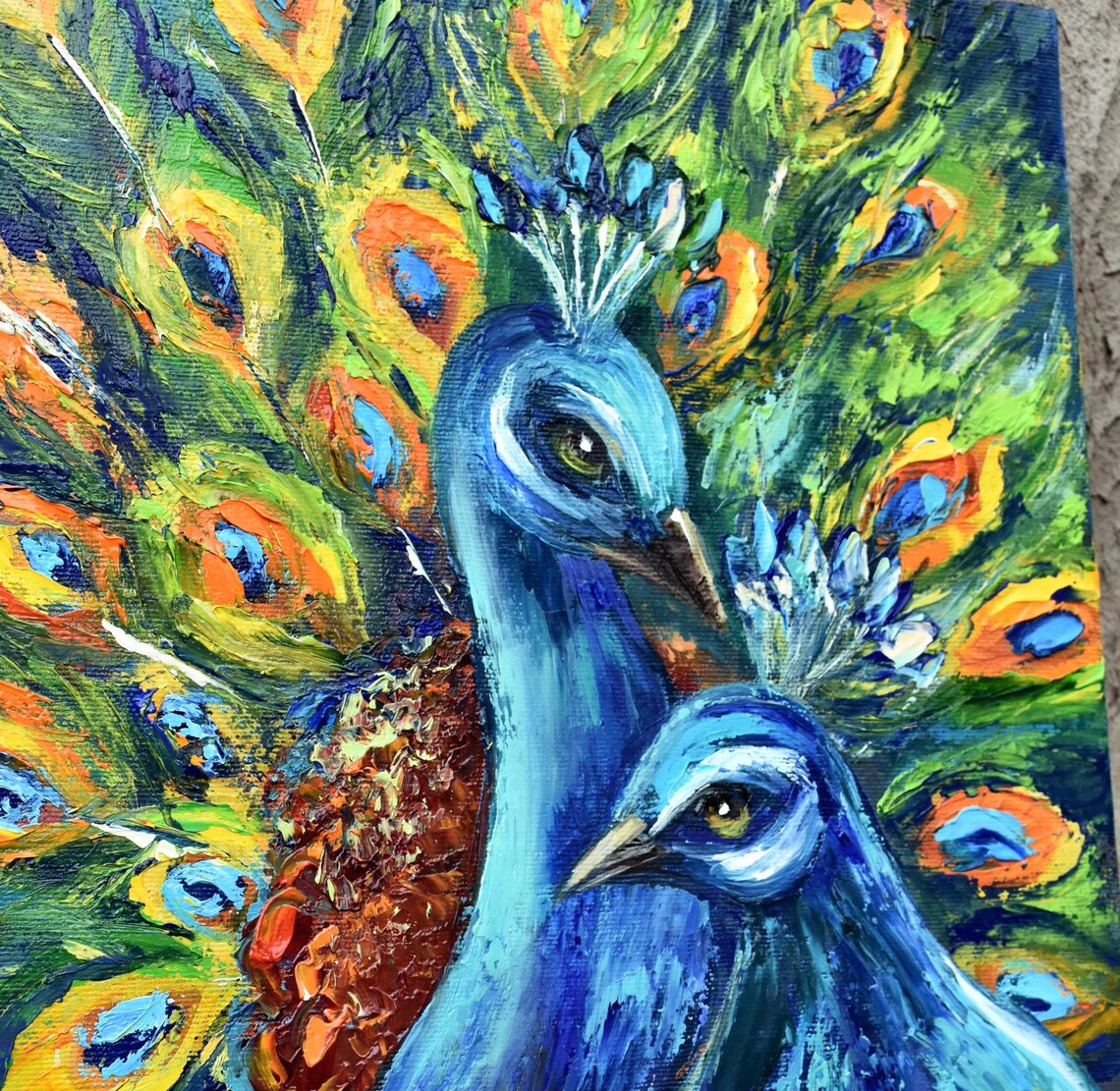Vibrant Peacock Pair Feather Display Impasto Oil Painting Bird Poster - Image 4