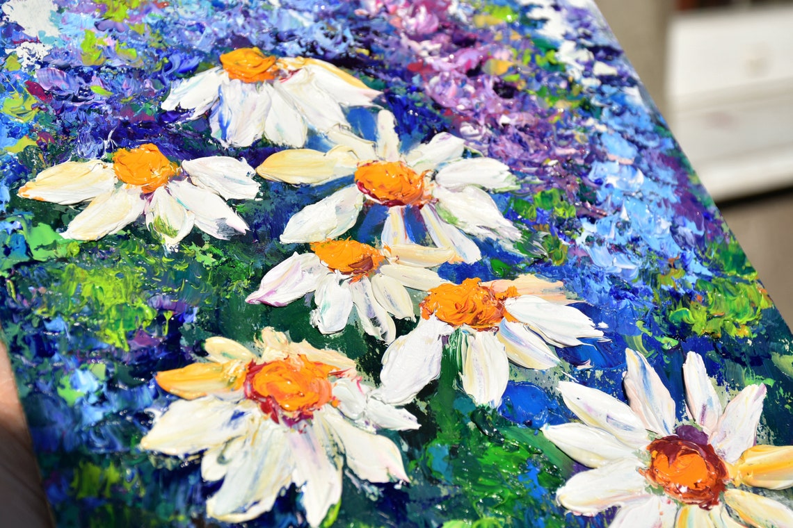Wildflowers Art White Flower Art Flower Meadow Art Textured Flower Floral Oil Painting Summer Landscape Daisy Wall Art Impasto Painting Mini - Image 2