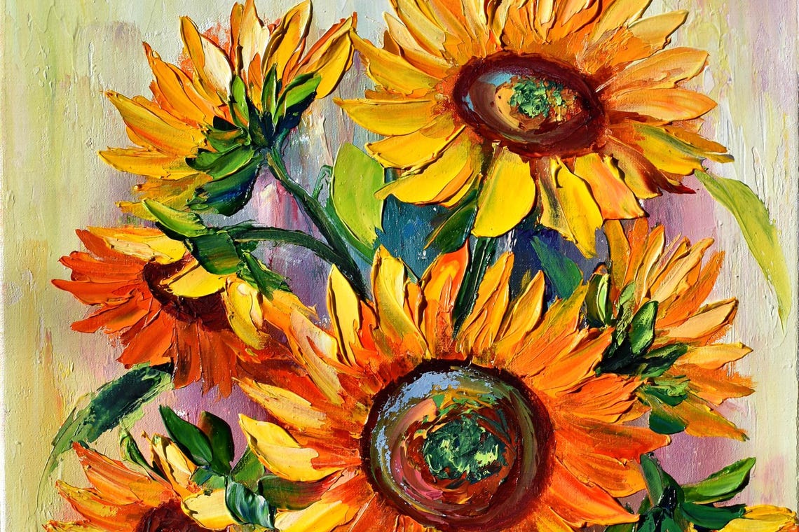 Sunflowers Oil Art Impasto Oil Painting Sunflower Still Life Sunflower Wall Art Sunflowers Painting Floral Art Original Orange Flower Art 3d - Image 5