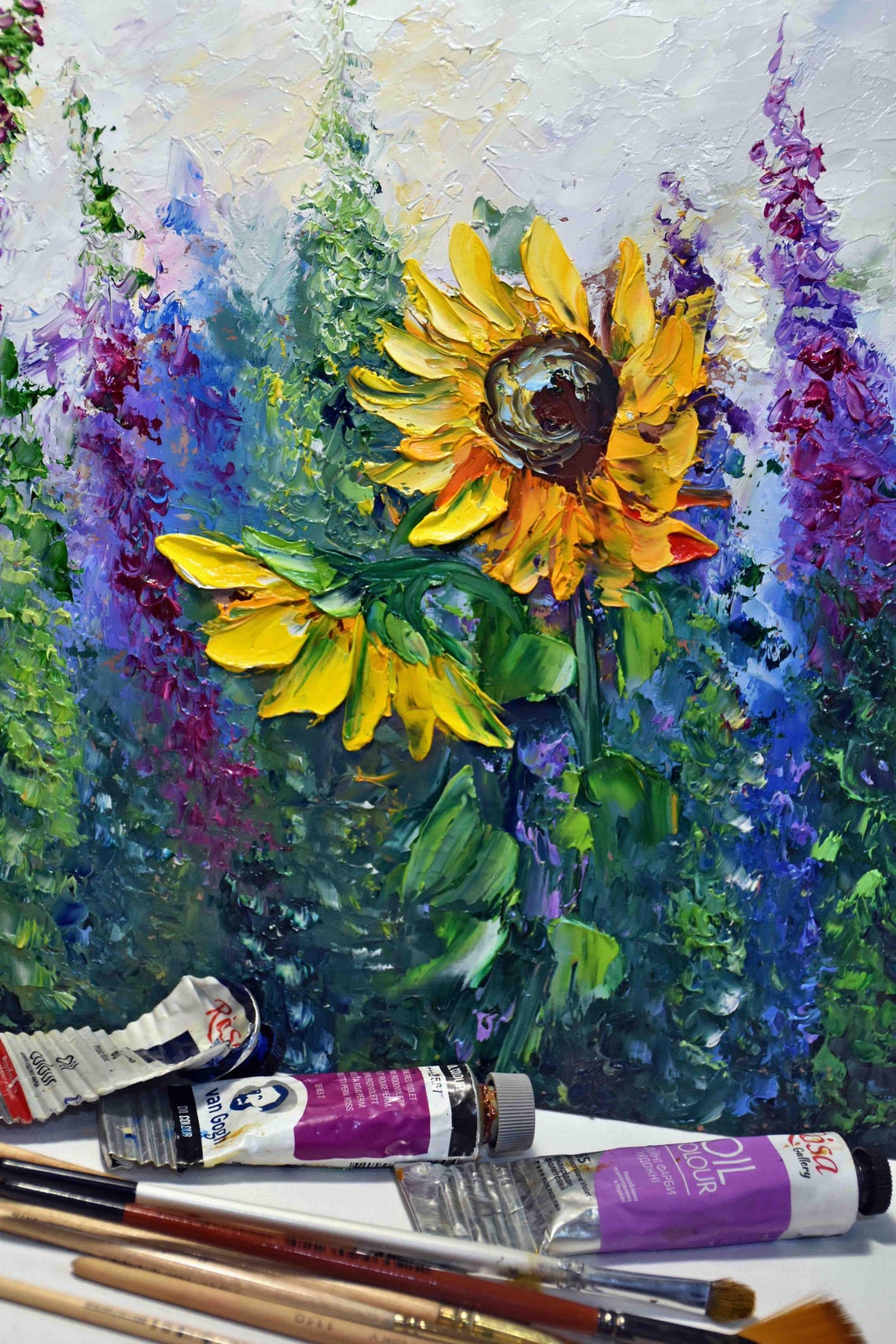 Sunflower Painting Sunflower Art Sunflower Room Decor Summer Landscape Art Yellow Flower Art Original Art Flower Oil Painting Textured Wall