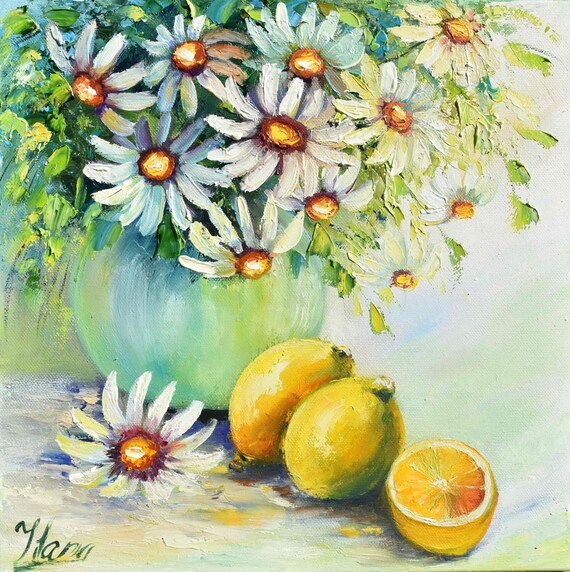 Lemon Painting Field Daisies Art Kitchen Art Food Fruits Wall Art Fruit Painting Daisies Still Life Art Food Art Kitchen Painting Impasto