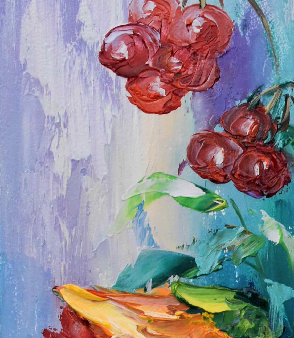 Red Poppy Blooms Berry Sprigs Deep Blue Impasto Floral Painting Poster - Image 2