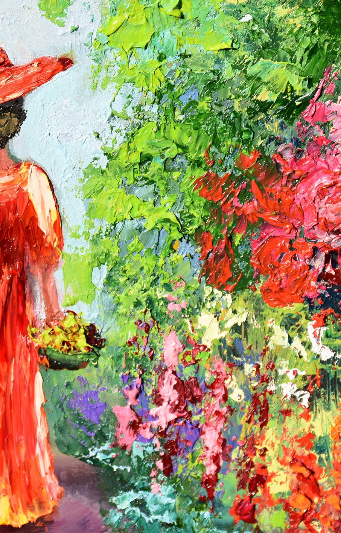 Girl In A Flower Garden Art Lady In Red Art Girl With A Basket Of Flowers In A Flower Garden Art Lady In A Red Dress Square Painting Meadow - Image 3