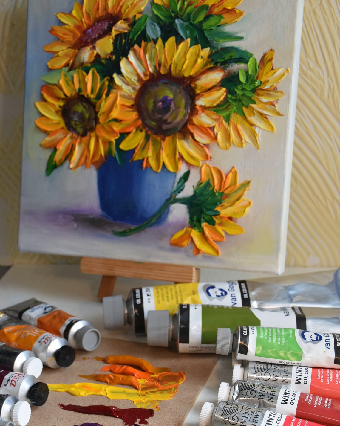 Sunflower Bouquet in Blue Vase Impasto Still Life Oil Painting Print - Image 4