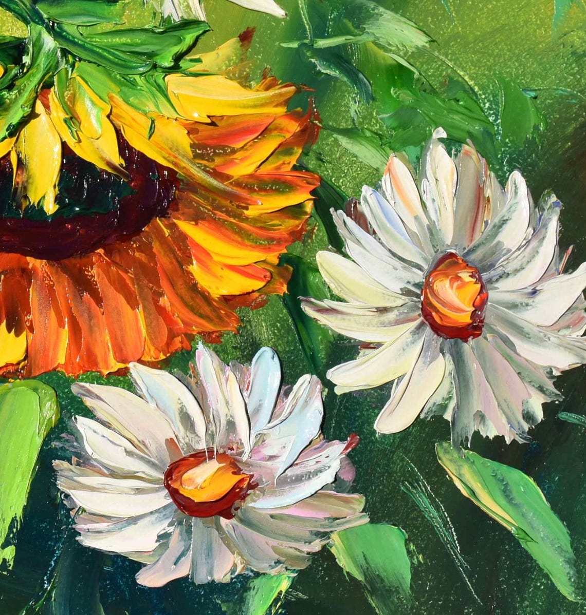Sunflowers Oil Art Landscape Painting Sunflowers Painting Daisies Painting Impasto Painting Floral Artwork Yellow Flower Art Textured Wall - Image 2