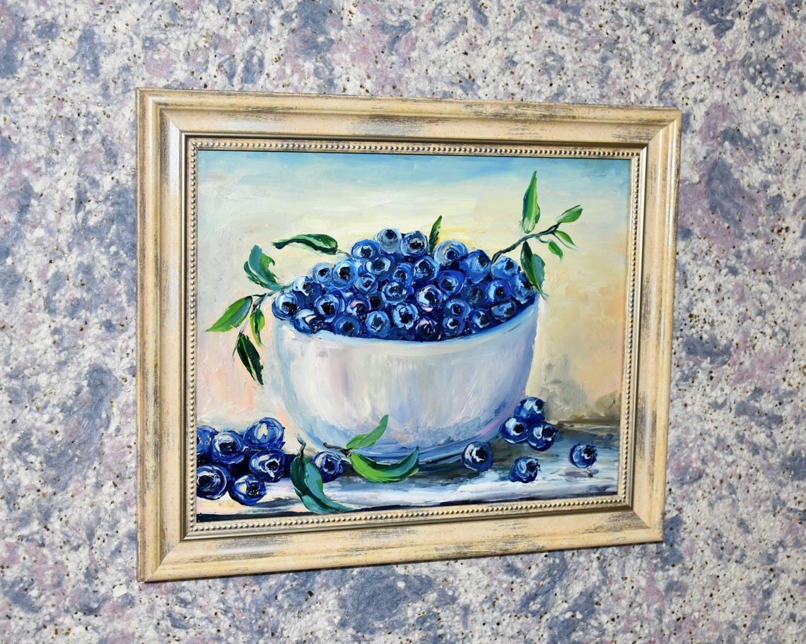 Fruit Painting Blueberries Painting Framed Art Food Kitchen Art Blueberry Art Still Life Painting Purple Berries Art Berries Painting Blue