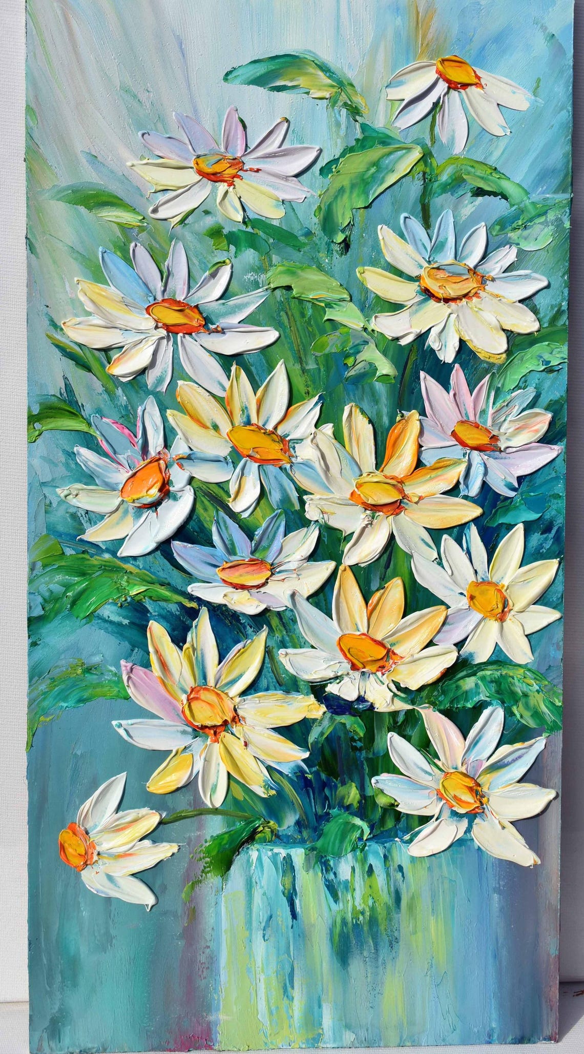 White Daisies Bouquet On Teal Blue Background Flower Art Poster