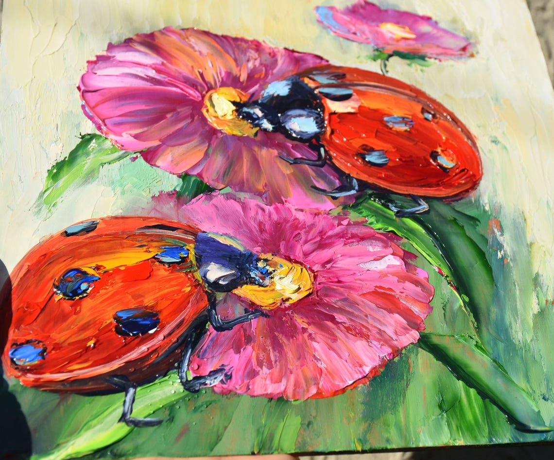Ladybugs Painting Small Wall Art 8 X 8 Ladybug Art Couple In Love Art Pink Flowers Art Summer Meadow Art Landscape Painting Meadow Flowers - Image 4