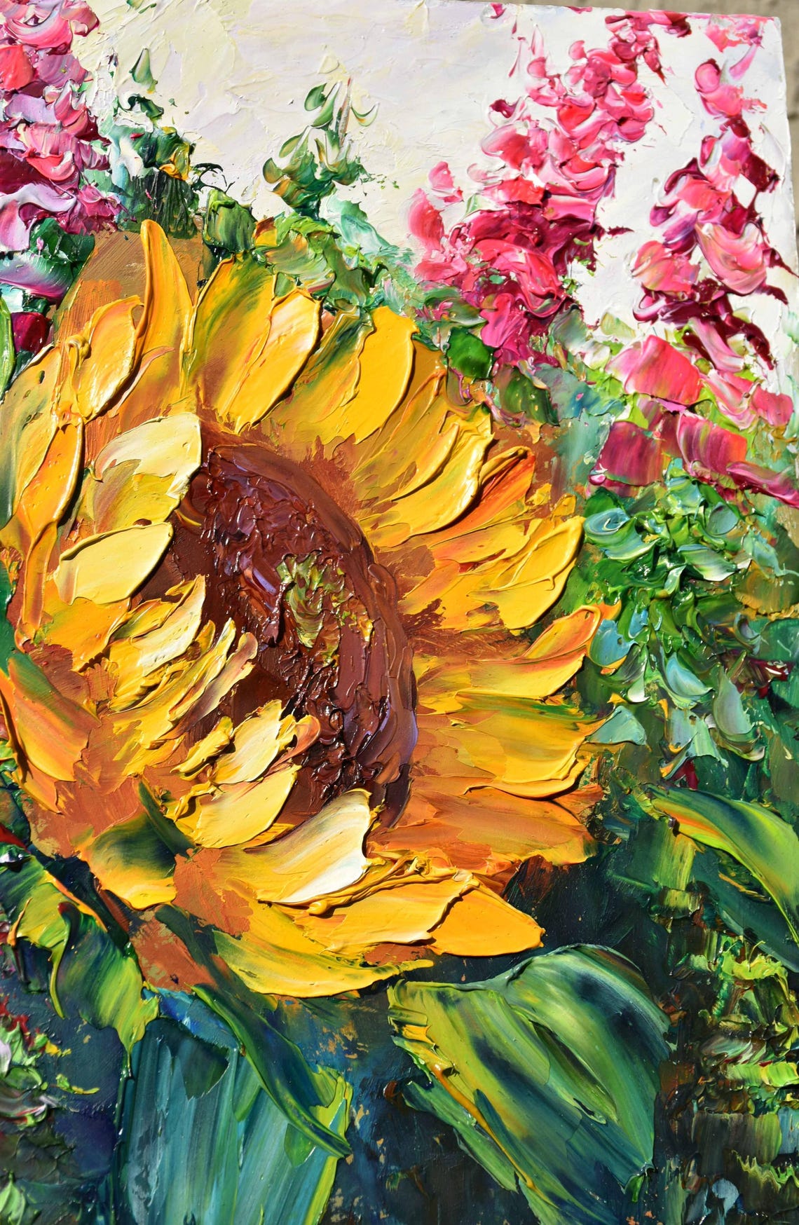 Sunflowers Oil Art Small Wall Art Sunflowers Flowers Purple Lupins Art Floral Artwork Palette Knife Art Wildflowers Art Small Painting Sunfl - Image 4
