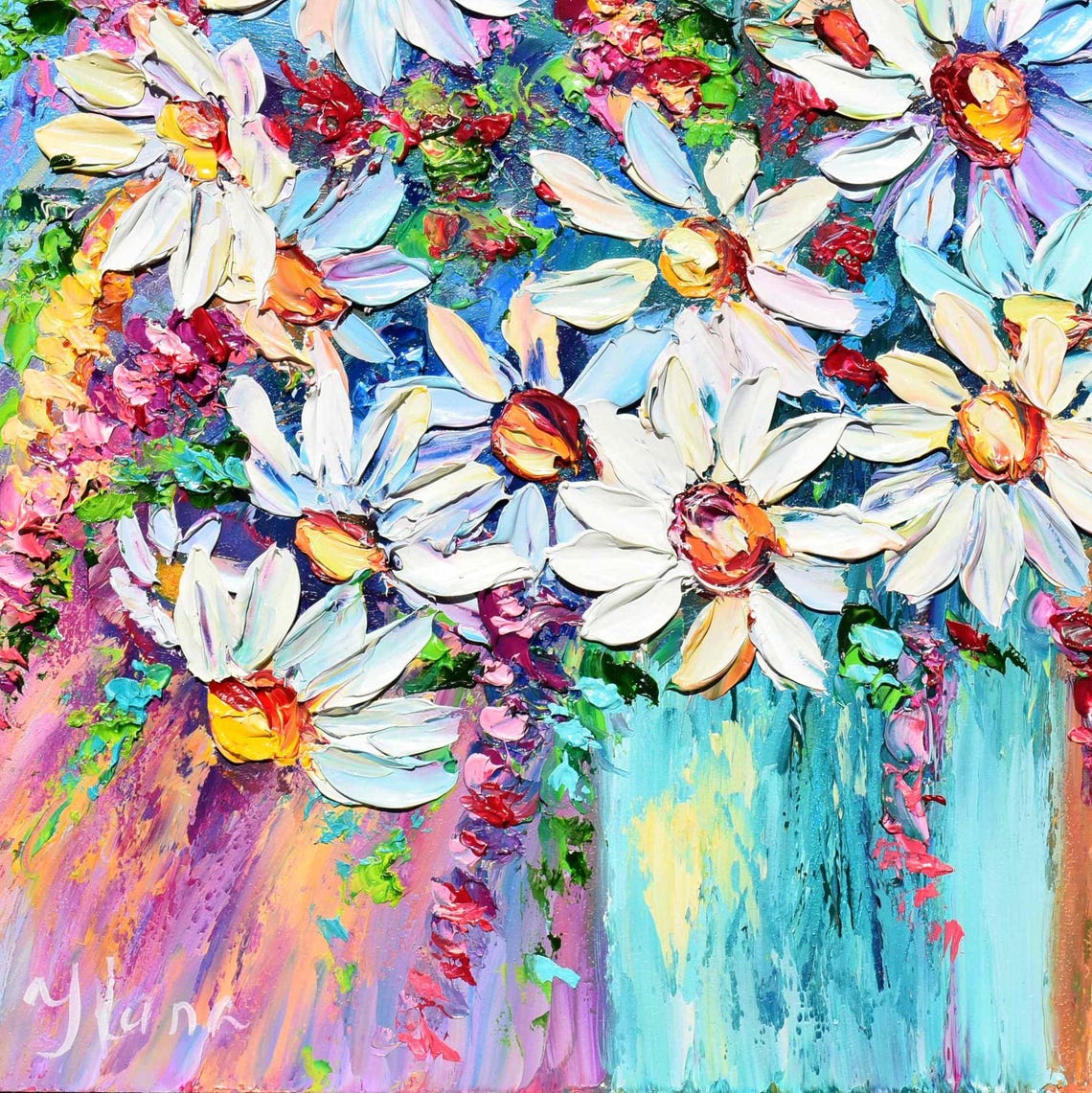 White Daisies Colorful Turquoise Background Impasto Floral Poster