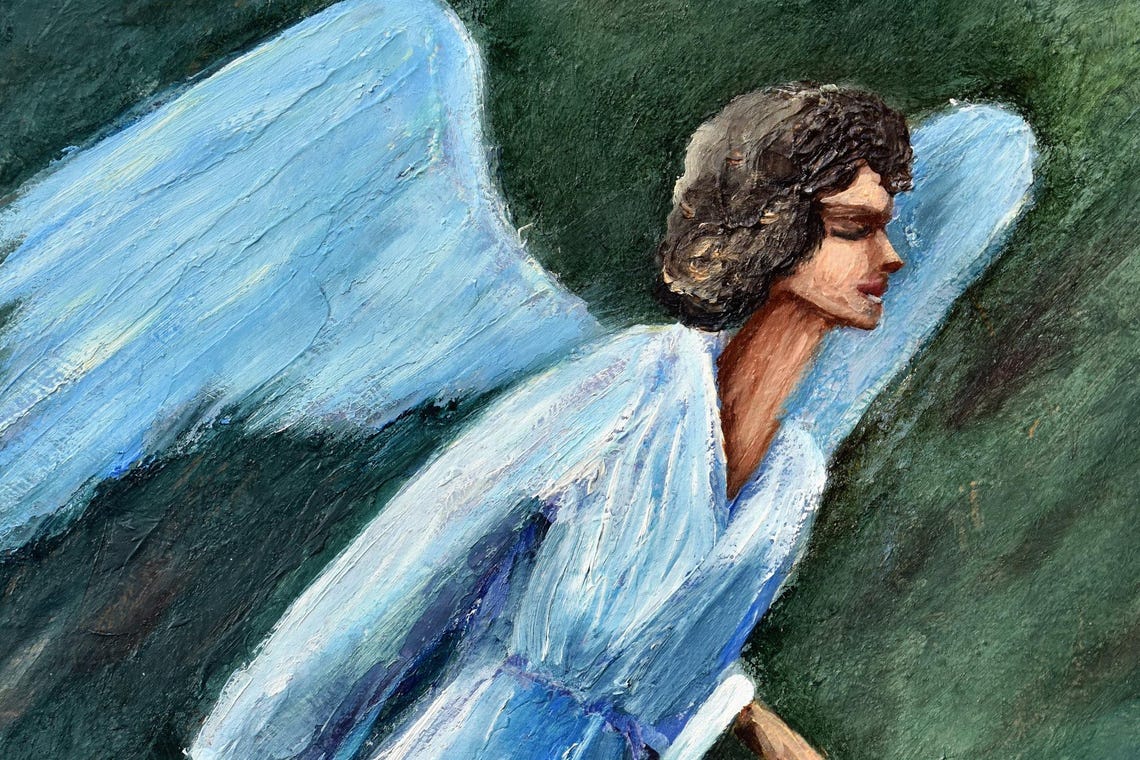 Blue Robed Angel White Wings Dark Green Religious Oil Wall Art - Image 5