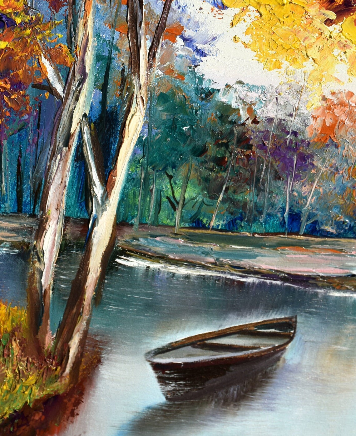 Autumn River With Boat And Red Fall Trees Landscape Art Poster - Image 5