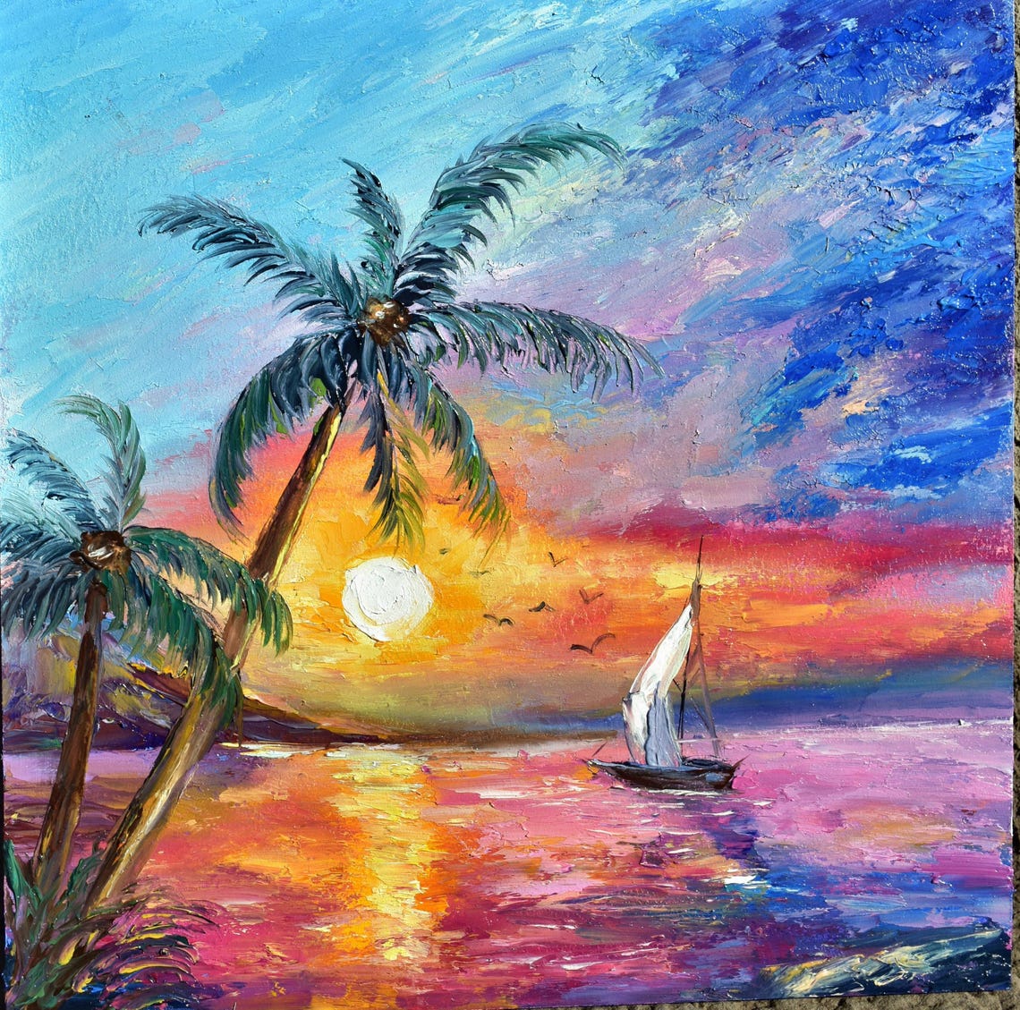 Painting Sea Summer Oil Painting Blue Ocean Painting Landscape Sea Colorful Sunset Coastal Art Sunset Landscape Palette Knife Paintings