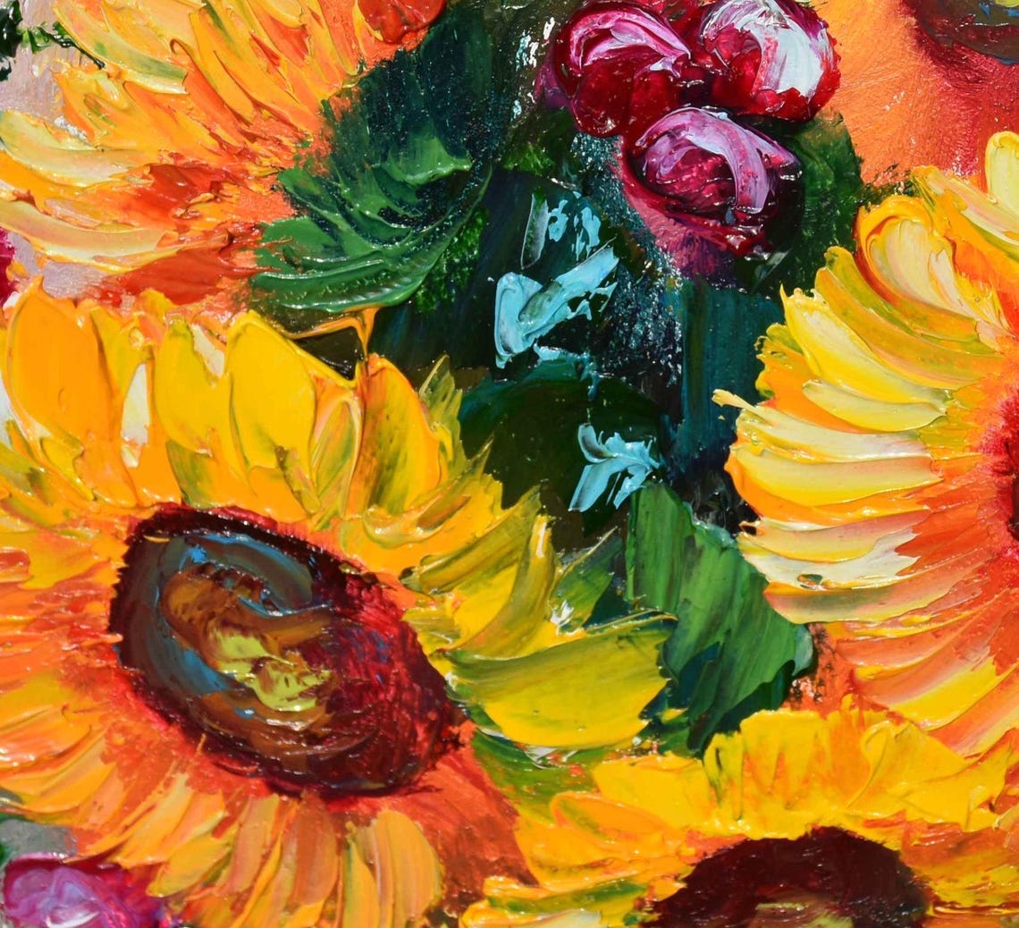 Sunflowers Oil Art Flowers Painting Meadow Painting Flowers Painting Sunflower Painting Flowers Painting Pink Berries Art Impasto Painting - Image 3