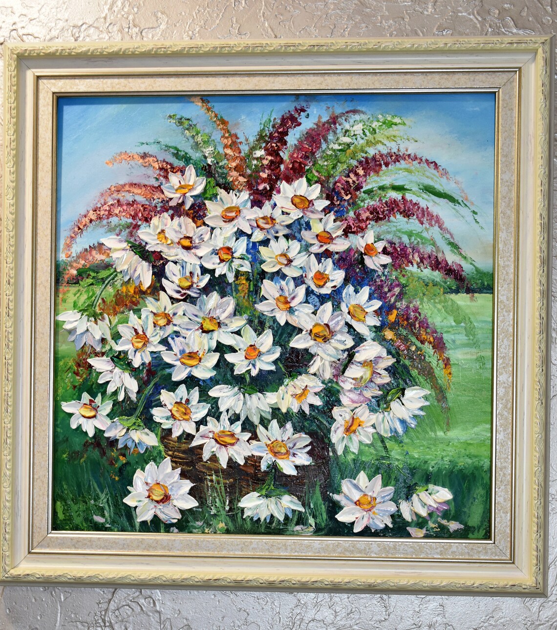 White Daisy Basket Meadow Bouquet Summer Impasto Oil Painting Poster - Image 4