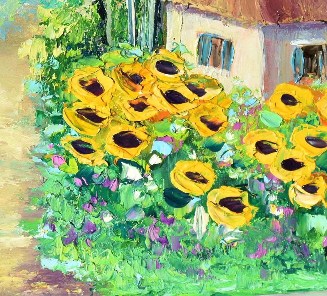 Sunflowers In Ukrainian Landscape Art Ukrainian Flowers Meadow Painting Ukrainian House Art Folk Art Painting Ukraine Art Impasto Painting - Image 5