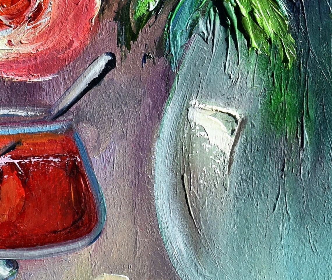 Pink Flowers Art Kitchen Art Food Still Life Rose Painting Cherry Jam Art Roses Flowers Art Floral Artwork Vibrant Floral Art Square Paintin - Image 5