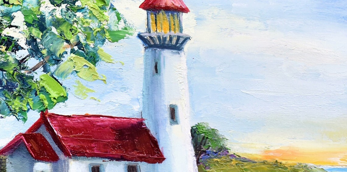 Seascape Painting Lighthouse Art Landscape Painting Beach Painting Tropical Landscape Mediterranean Art Colorful Sunset Oil Art Seascape Art - Image 4