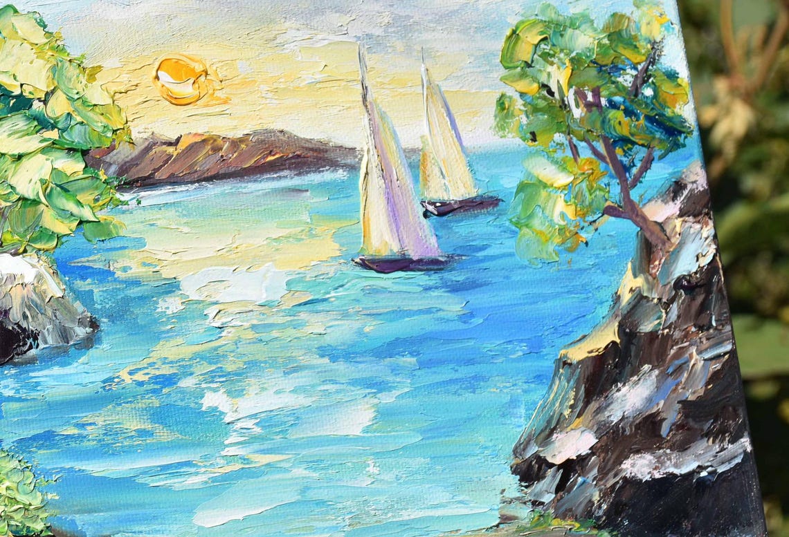 Sailboats Turquoise Bay Sunset Rocky Coast Impasto Seascape Poster - Image 2