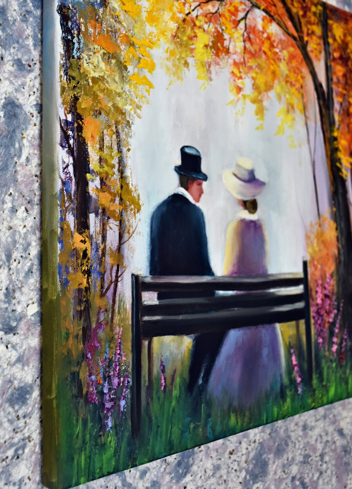 People In Love Art Autumn Painting People Landscape Art Orange Oil Painting Original Landscape Oil Park Painting Impasto Painting Landscape - Image 4