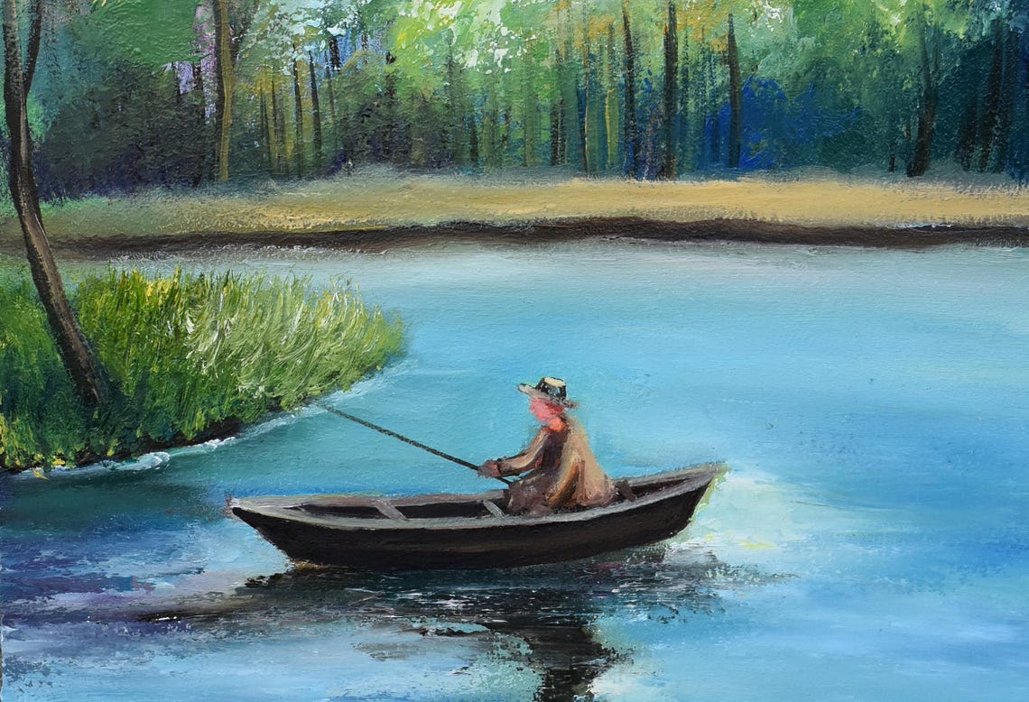 Fisherman Painting Landscape Painting Lake Painting Boat On The Lake Art Fisherman Art Lake Fish Pike Wall Art Summer Nature Landscape Art - Image 5