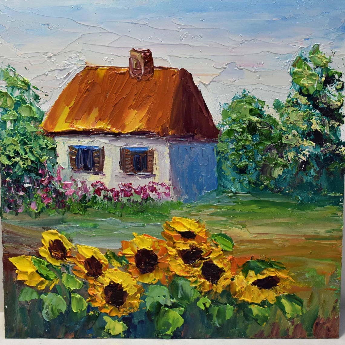 Ukrainian Cottage With Sunflowers Summer Folk Village Art Poster