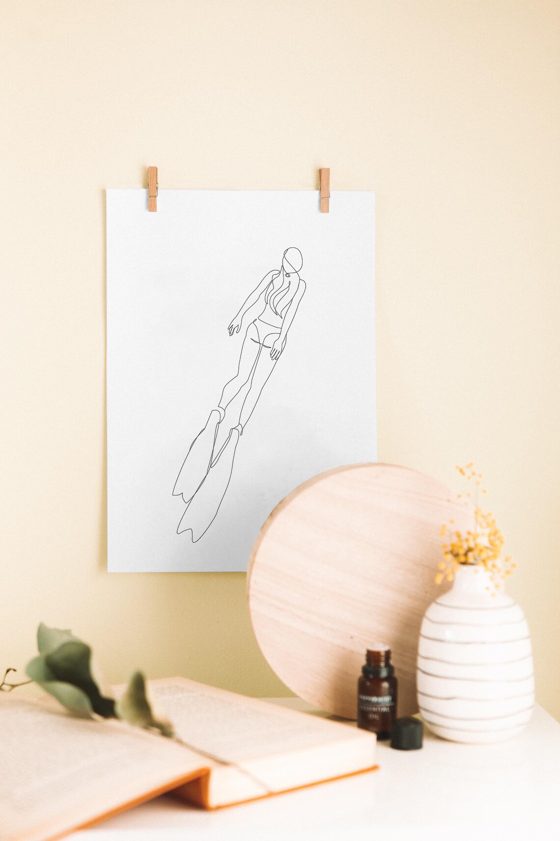 One Line Female Diver With Fins Minimalist Ocean Swimming Art Poster - Image 3