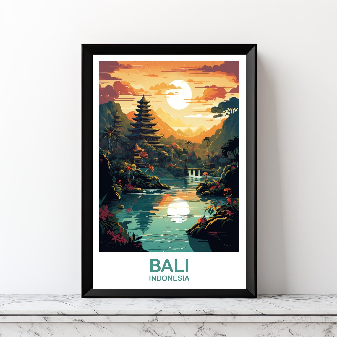 Bali Indonesia Temple Sunset Tropical Vintage Travel Art Poster