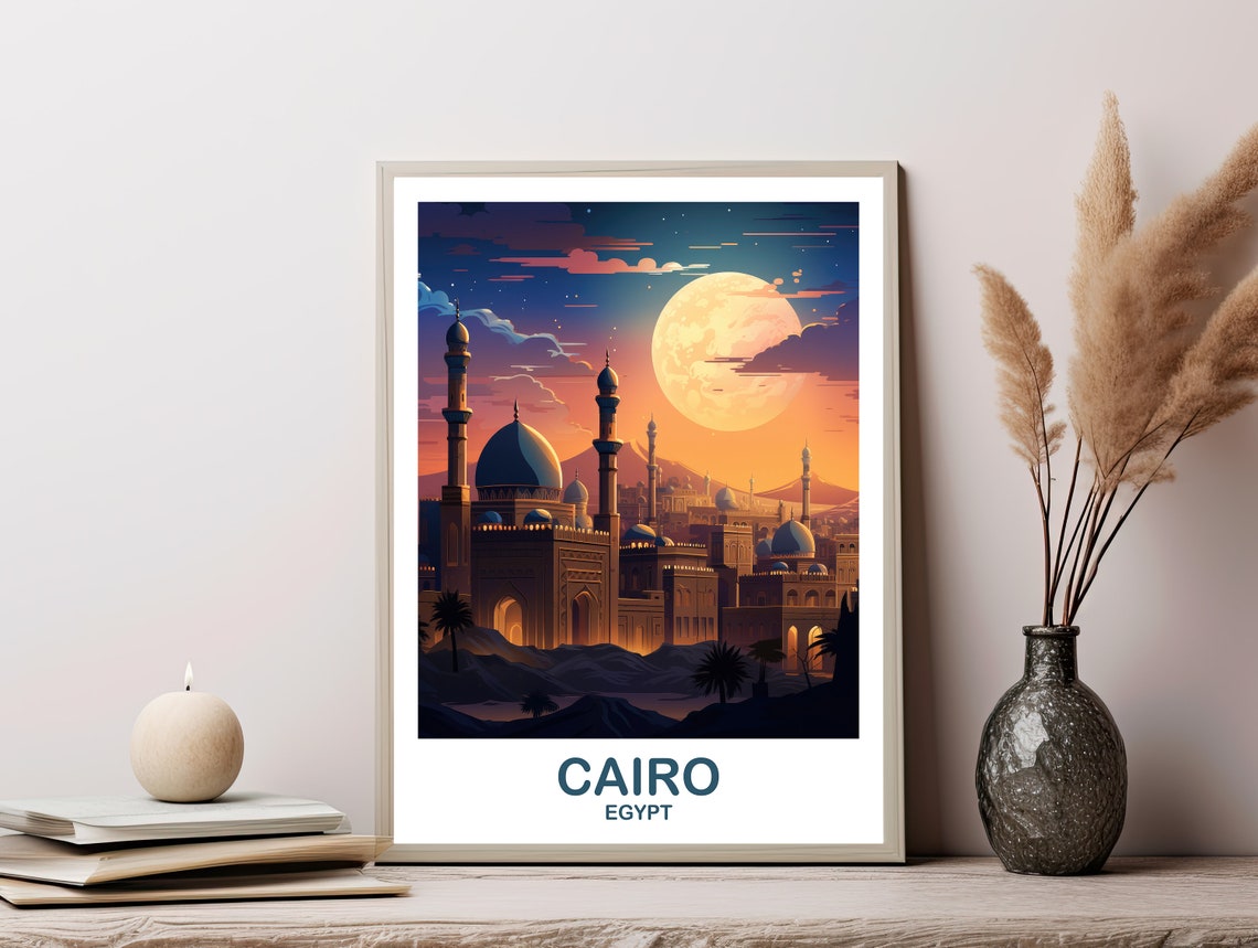 Cairo Egypt Giant Full Moon Night Mosque Skyline Travel Poster - Image 2