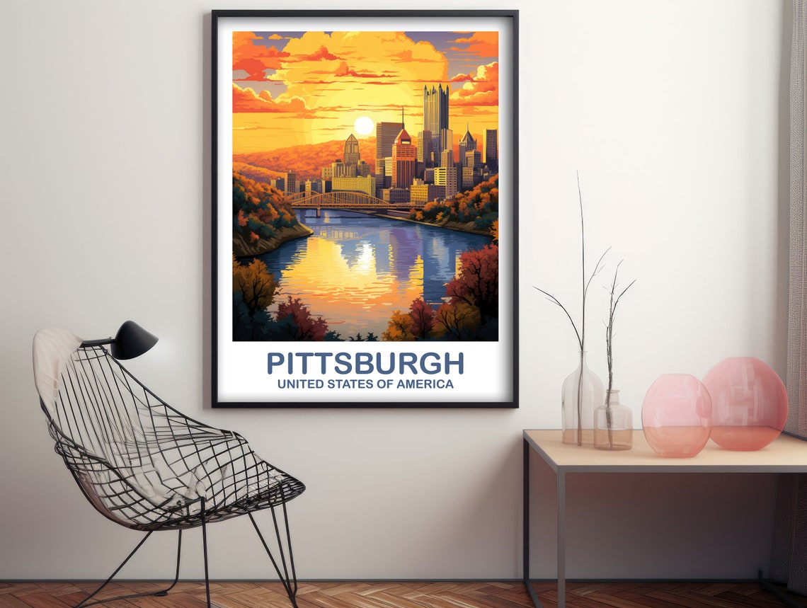 Pittsburgh USA Sunset Skyline River Bridge Reflection Art Poster - Image 2