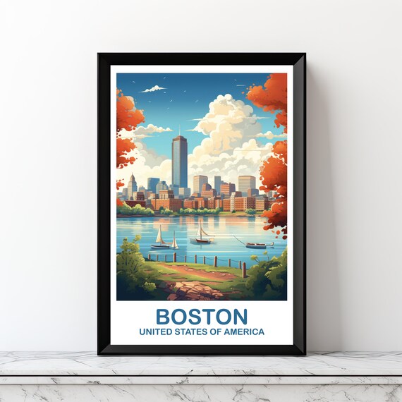 Boston Massachusetts Skyline Sailboats Vintage Travel Poster
