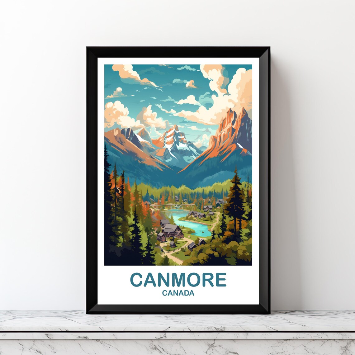Canmore Canada Rocky Mountain Town River Vintage Travel Poster
