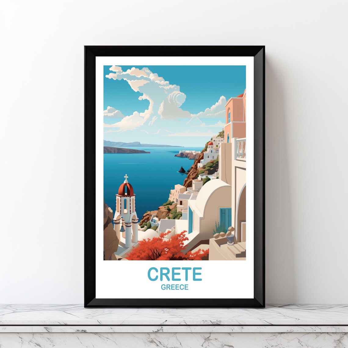 Crete Greece Travel Cliffside Church Bell Tower Village Coast Poster
