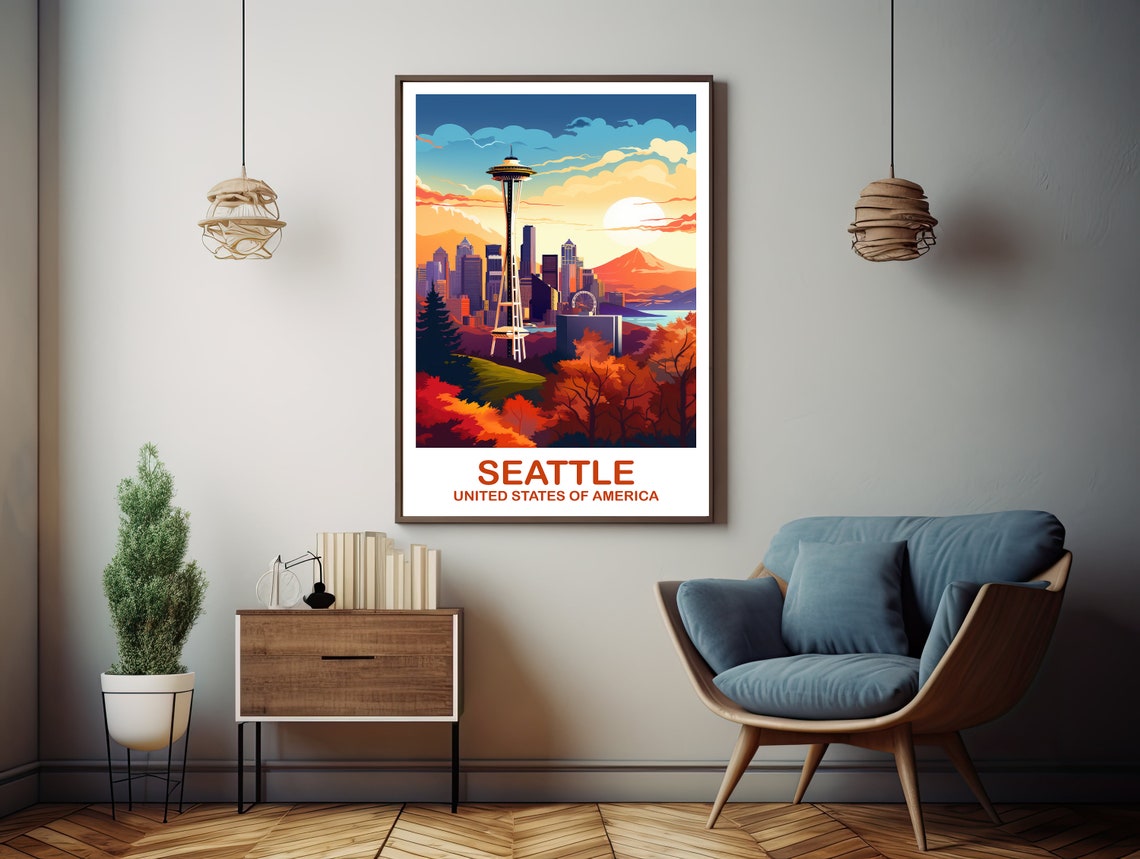 Seattle Space Needle Sunset Skyline Mountain View Travel Poster - Image 2