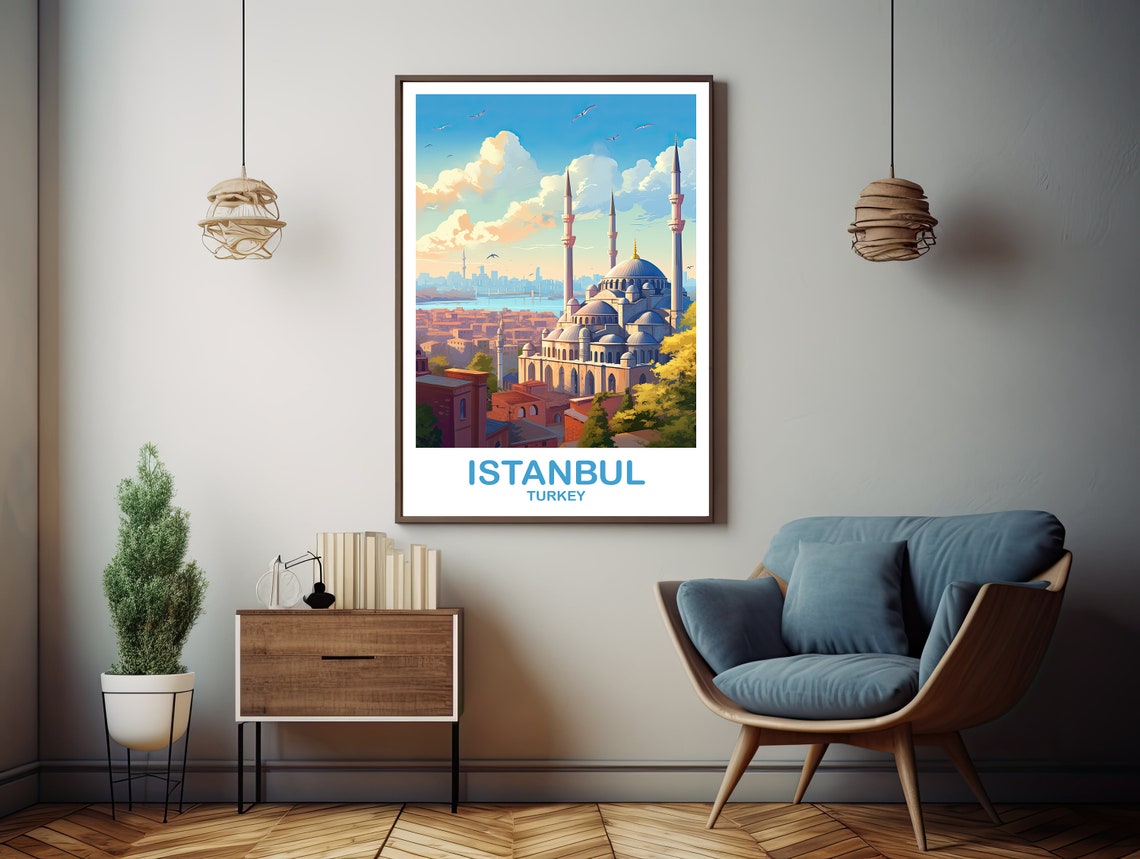 Istanbul Turkey Blue Mosque Skyline Vintage Style Travel Art Poster - Image 2