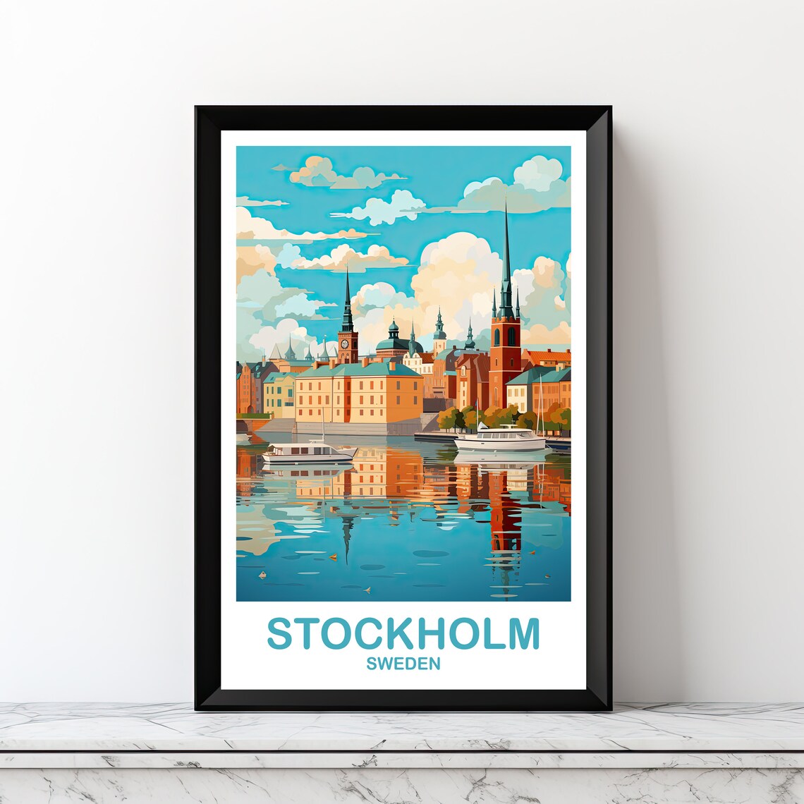 Stockholm Sweden Harbor Reflection Vintage Style Travel Art Poster