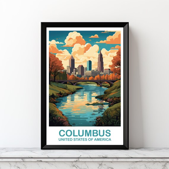 Columbus Ohio River Bridge Skyline Sunset Vintage Travel Poster