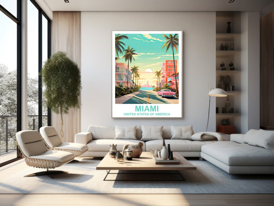 Miami Ocean Drive Retro Street Pink Classic Car Travel Art Poster - Image 2