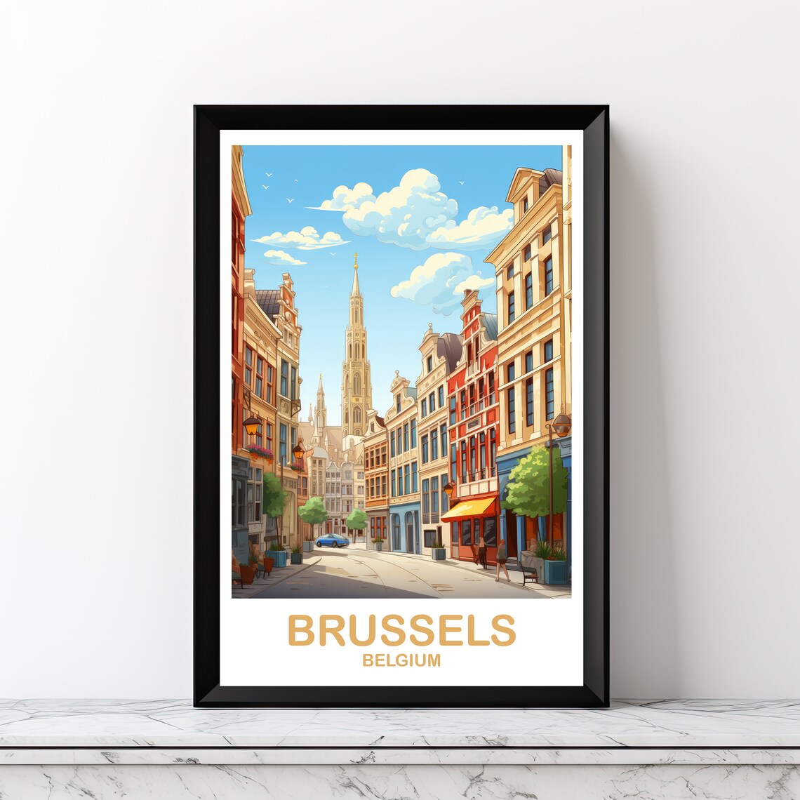 Brussels Belgium Old Town Street Vintage Style Travel Art Poster
