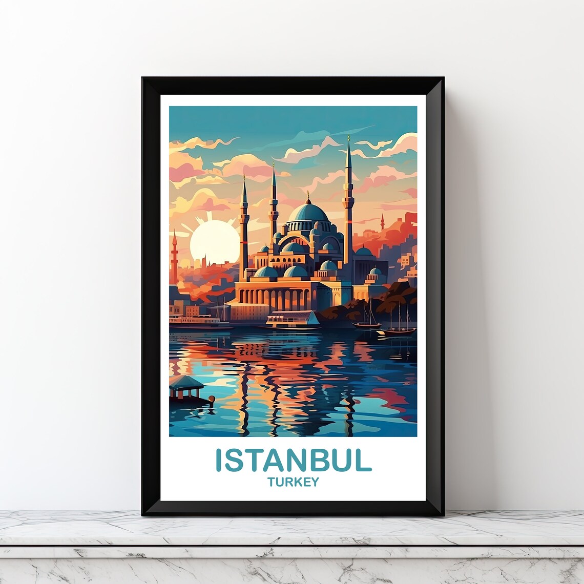 Istanbul Turkey Sunset Mosque Skyline Waterfront Travel Art Poster