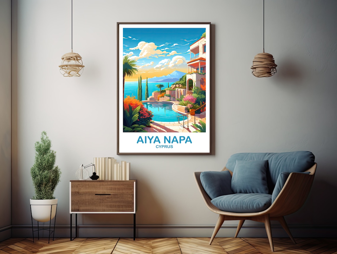Aiya Napa Cyprus Coastal Villa Pool Vintage Style Travel Art Poster - Image 2