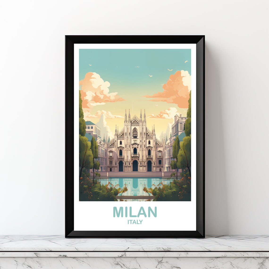 Milan Italy Duomo Cathedral Facade Mirror Water Travel Art Poster